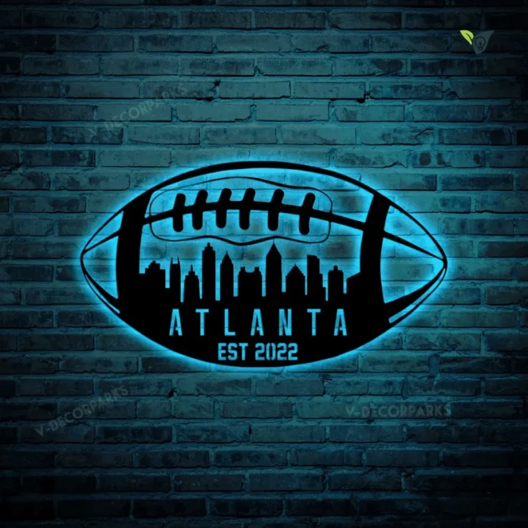 Custom Football Atlanta Skyline Metal Wall Art With Led Lights, Personalized Name Football Player Metal Sign, Kid Room Decor