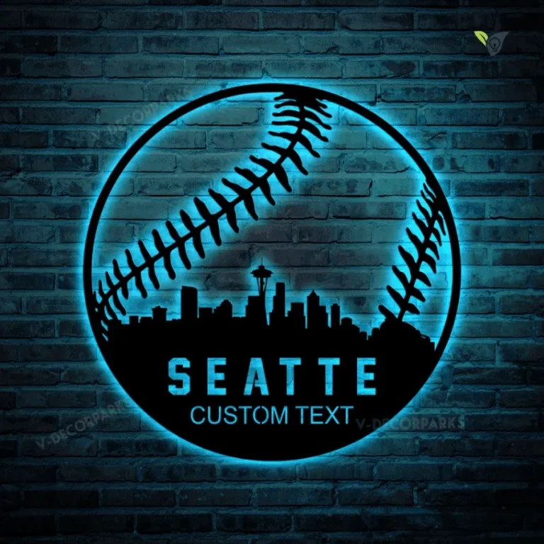 Custom Baseball Seattle City Metal Wall Art With Led Lights, Personalized Baseball Metal Art, Softball Metal Wall Decoration