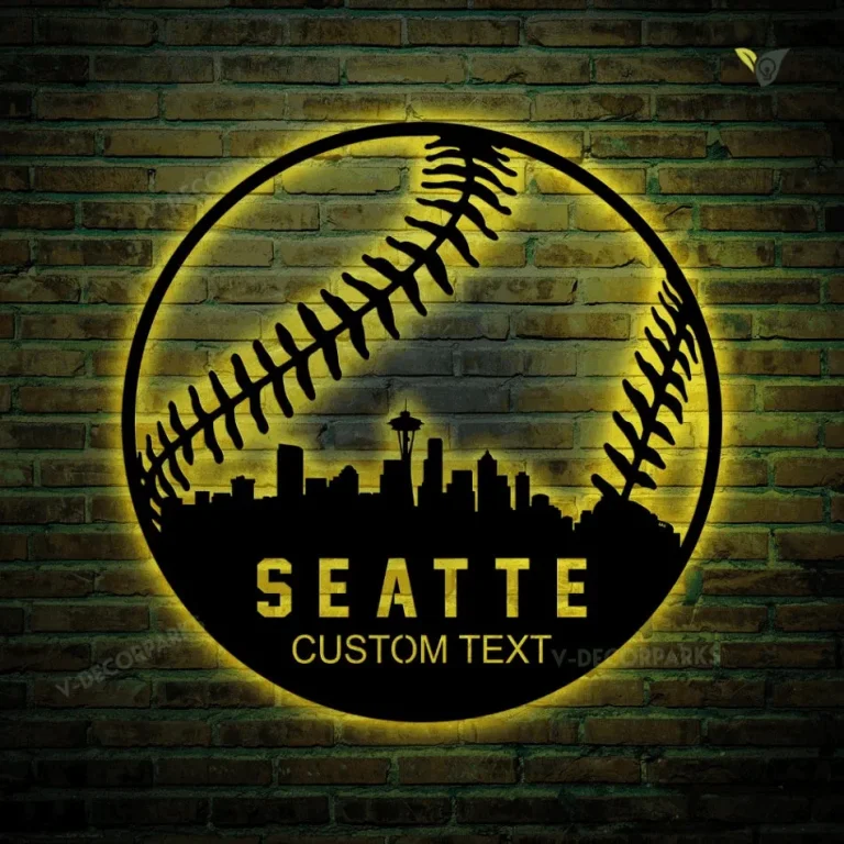 Custom Baseball Seattle City Metal Wall Art With Led Lights, Personalized Baseball Metal Art, Softball Metal Wall Decoration