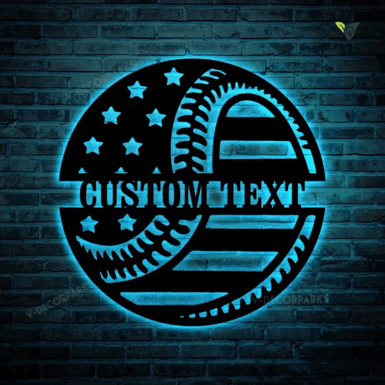 Custom Baseball American Flag Metal Wall Art With Led Lights, Personalized Baseball Player Name Sign Decoration For Room