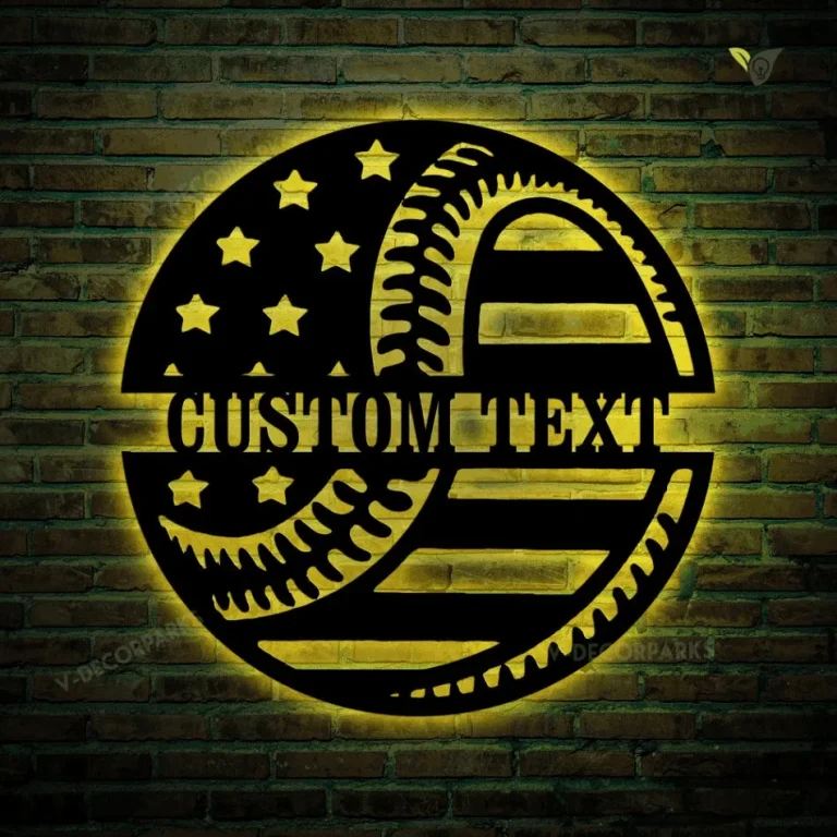 Custom Baseball American Flag Metal Wall Art With Led Lights, Personalized Baseball Player Name Sign Decoration For Room