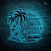 Custom Palm Tree Flowers Welcome Metal Sign With Led Light, Personalized Patio Family Name Sign Home Decor Backyard Beach House