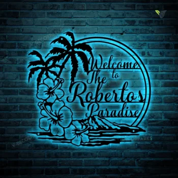 Custom Palm Tree Flowers Welcome Metal Sign With Led Light, Personalized Patio Family Name Sign Home Decor Backyard Beach House