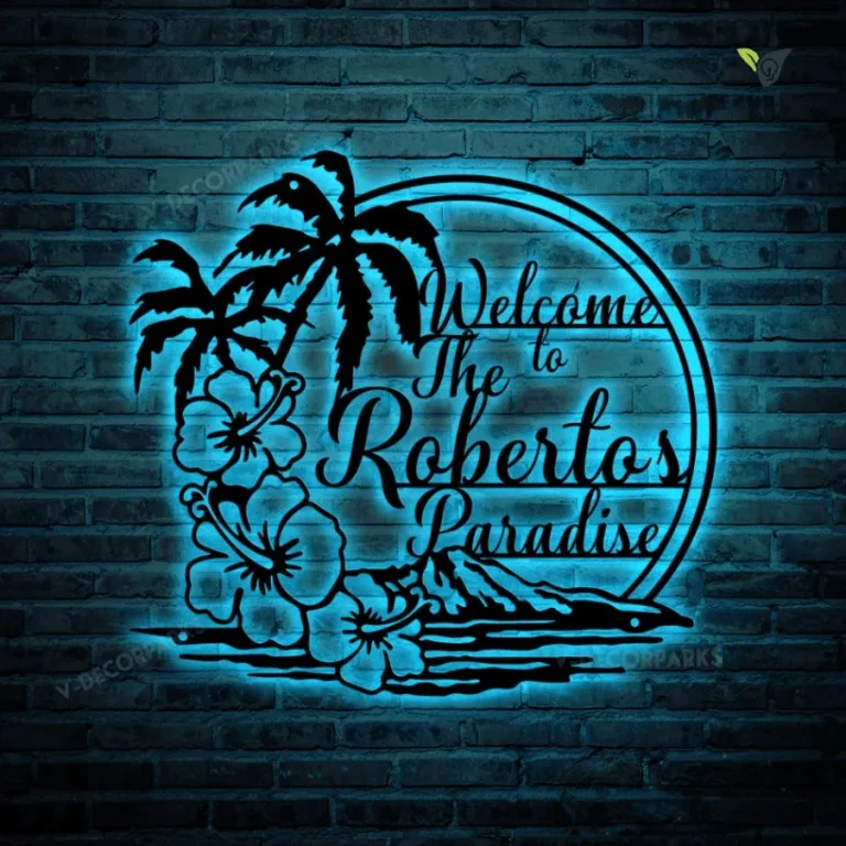 Custom Palm Tree Flowers Welcome Metal Sign With Led Light, Personalized Patio Family Name Sign Home Decor Backyard Beach House