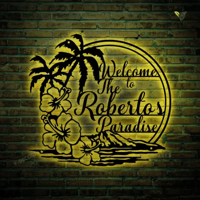 Custom Palm Tree Flowers Welcome Metal Sign With Led Light, Personalized Patio Family Name Sign Home Decor Backyard Beach House