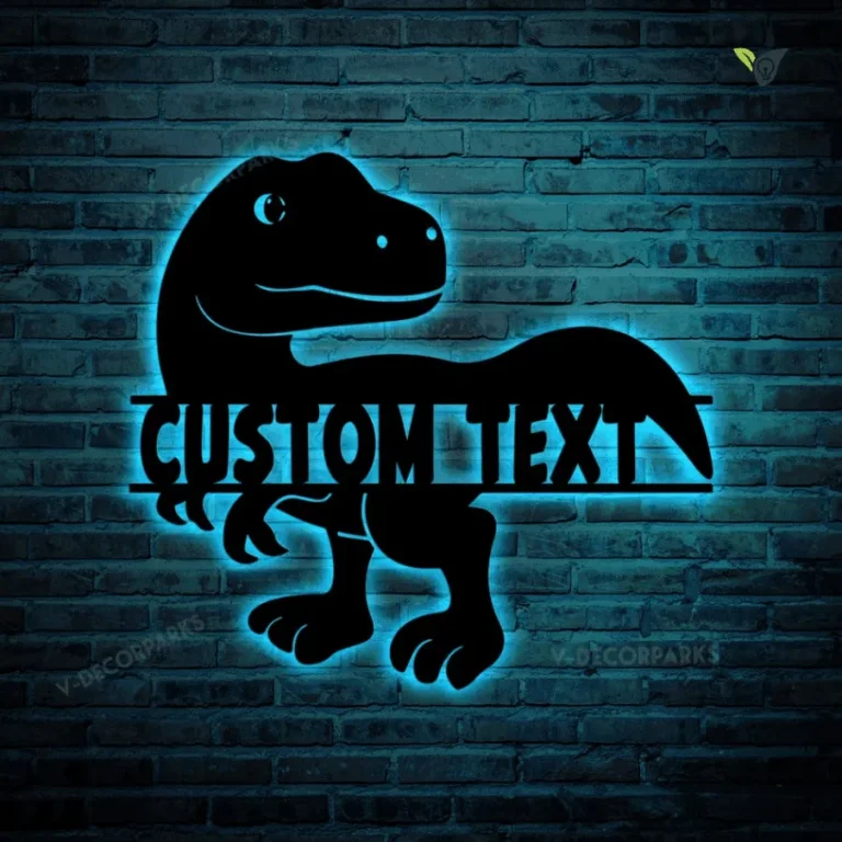 Personalized Dinosaur Monogram Sign With Led Lights, Custom Kid Name Sign Dino Metal Wall Art, Nursery Sign