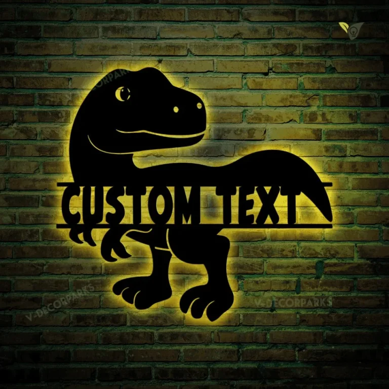 Personalized Dinosaur Monogram Sign With Led Lights, Custom Kid Name Sign Dino Metal Wall Art, Nursery Sign