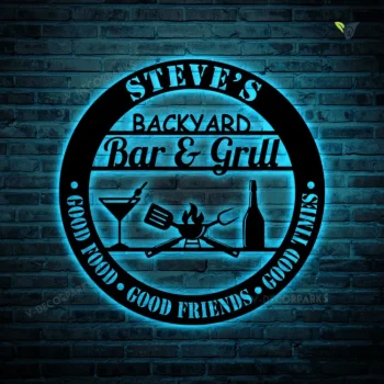 Personalized Backyard Bar & Grill Metal Wall Art With Rgb Lights, Custom Name Patio Metal Sign, Outside Decor