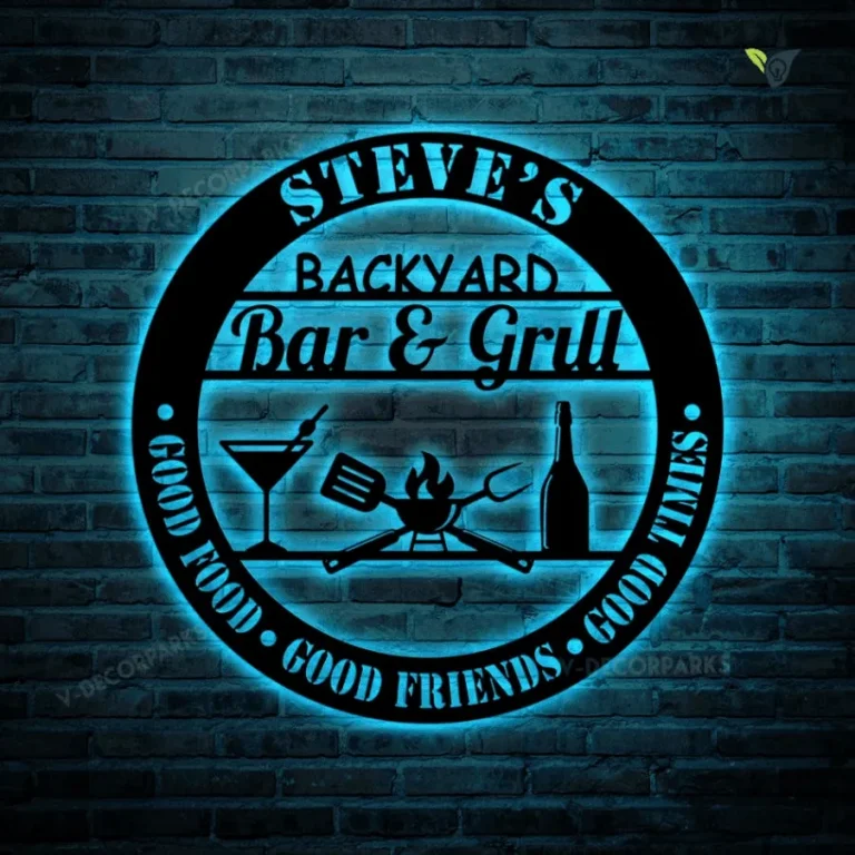 Personalized Backyard Bar & Grill Metal Wall Art With Rgb Lights, Custom Name Patio Metal Sign, Outside Decor