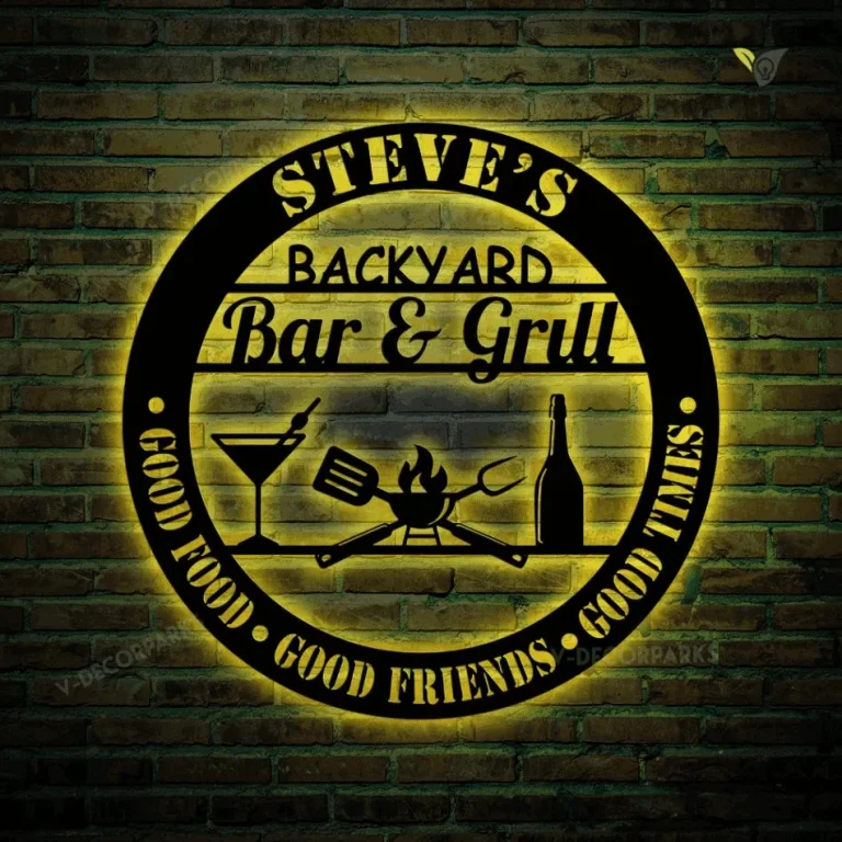 Personalized Backyard Bar & Grill Metal Wall Art With Rgb Lights, Custom Name Patio Metal Sign, Outside Decor