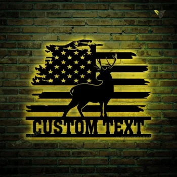 Personalized Deer Hunting Us Flag Metal Wall Art Led Lights, Father Day Gift, Nature Art, Hunting Lover Gift Hunter