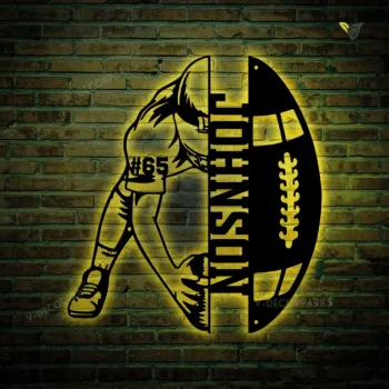 Custom Football Metal Wall Art Led Lights, Personalized Football Player Metal Art, Football Rust Resistant Wall Decor, Gift For Dad