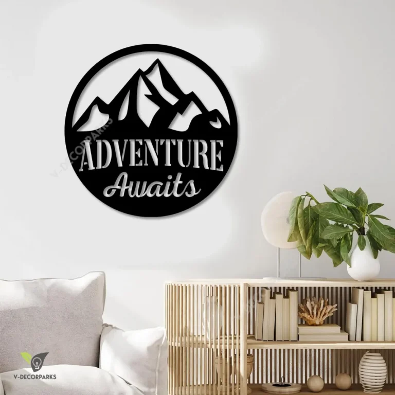 Adventure Awaits Mountain Metal Sign, Adventure Awaits Camping Site Metallic Accent