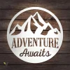 Adventure Awaits Mountain Metal Sign, Adventure Awaits Camping Site Metallic Accent