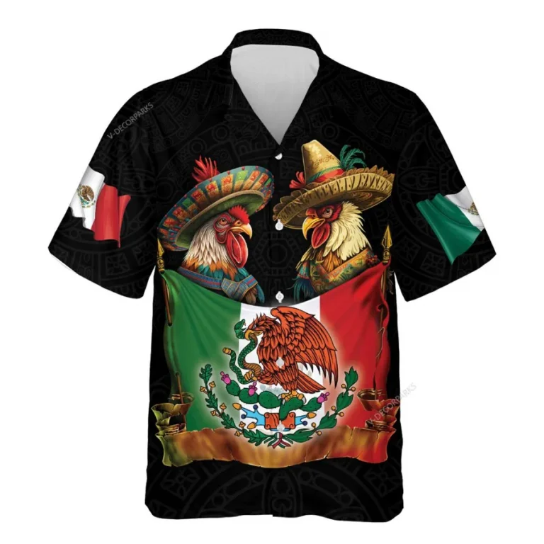 Mexican Rooster Hawaiian Shirts, Sombrero Rooster Summer Beach Shirts, America Mexico Culture Aloha Shirt, Mexican Flag Button Down Short Sleeve Shirt