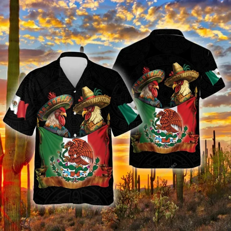 Mexican Rooster Hawaiian Shirts, Sombrero Rooster Summer Beach Shirts, America Mexico Culture Aloha Shirt, Mexican Flag Button Down Short Sleeve Shirt