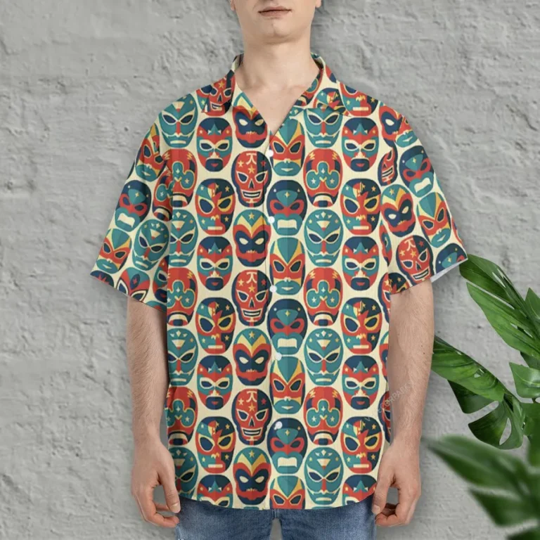 Wrestler Mask Hawaiian Shirt For Men Women, Mexican Wrestler Mask Summer Beach Shirts, Aloha Shirts, Mexican Culture Button Down Short Sleeve Shirts