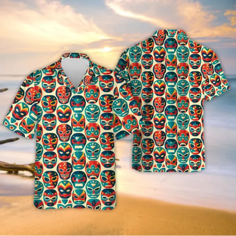 Wrestler Mask Hawaiian Shirt For Men Women, Mexican Wrestler Mask Summer Beach Shirts, Aloha Shirts, Mexican Culture Button Down Short Sleeve Shirts