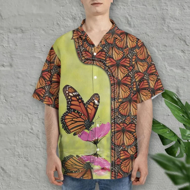Monarch Butterfly Hawaiian Shirts For Men Women, Tropical Butterfly Summer Beach Shirts, Aloha Shirts, Mexican Culture Button Down Short Sleeve Shirts