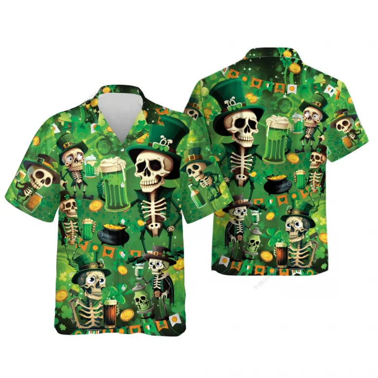 Patrick Skull Drinking Beer Hawaiian Shirt, Mens Casual Button Down Shirts, Skull Summer Beach Shirt, Cruise Shirt, Short Sleeve Shirts For Men Women