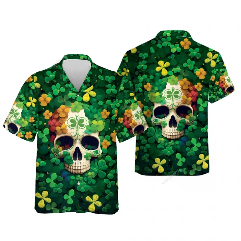 Patrick Skull Clovers Shirt, Patrick Skull Summer Beach Shirts, Mens Casual Button Down Shirt Short Sleeve Shirts For Men Women, Tropical Cruise Shirt