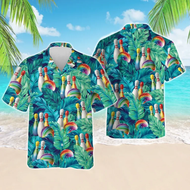 Colorful Bowling Team Hawaiian Shirt For Men Women, Tropical Leaves Summer Beach Shirt, Aloha Shirts, Bowling Lovers Button Down Shirt Short Sleeve