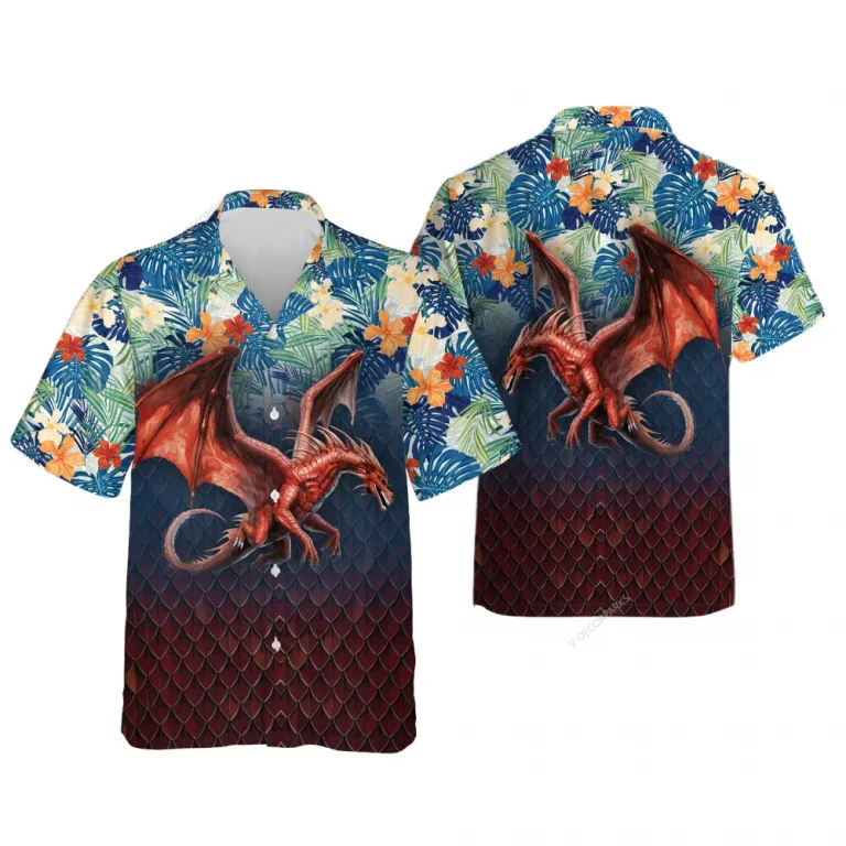 Red Dragon Hawaiian Shirt For Men Women, Tropical Forest Summer Shirt, Hibiscus Flower Hawaiian Shirt, Hawaiian Aloha Shirt Button Down Short Sleeve