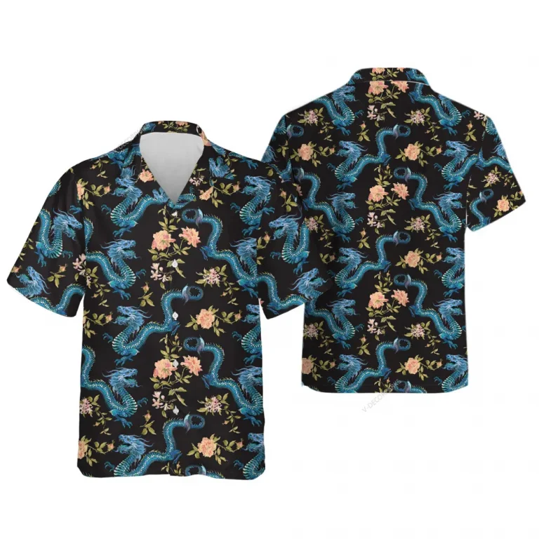 Mythology Blue Dragon Hawaiian Shirt For Men Women, Flower Pattern Summer Shirt, Mens Casual Printed Button Down Short Sleeve, Vintage Beach Shirts