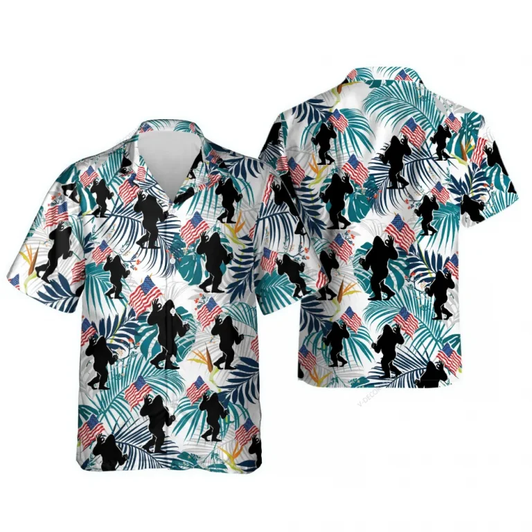 Sasquatch Hawaiian Shirts, Funny Patriotic Bigfoot Tropical Forest Summer Beach Shirts, 4th Of July Aloha Shirts, Mens Button Down Short Sleeve Shirt