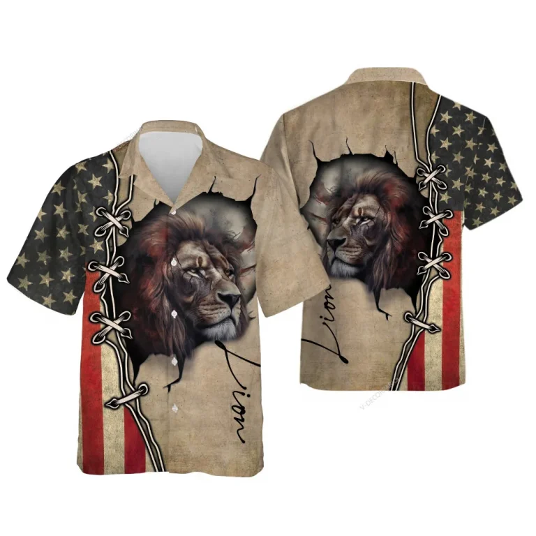 3d Printed Lions Hawaiian Shirt For Men Women, America Flag Lion Summer Beach Shirts, Patriotic Hawaiian Shirt, Mens Button Down Short Sleeve Shirts