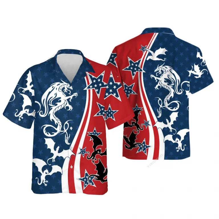 America Flag Dragon Hawaiian Shirts, Dragon Summer Beach Shirts, Men Casual Button Down Shirt Short Sleeve, Dragon Hawaiian Shirts For Men Women