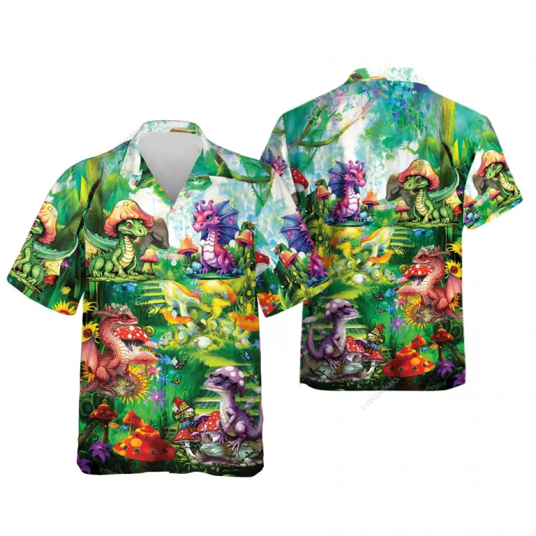 Mythical Dragons Hawaiian Shirts For Men, Colorful Dragon Mushrooms Summer Shirts, Funny Mythical Summer Beach Shirt, Button Down Shirt Short Sleeve