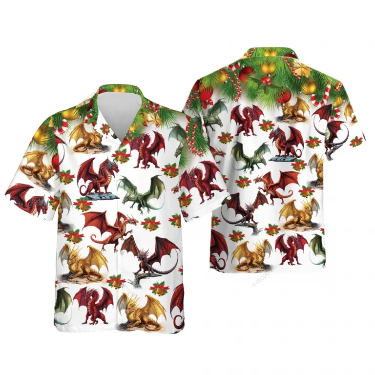 Christmas Bells Dragon Hawaiian Shirt For Men Women, Colorful Dragons Summer Beach Shirt, Merry Christmas Summer Shirt, Button Down Shirt Short Sleeve