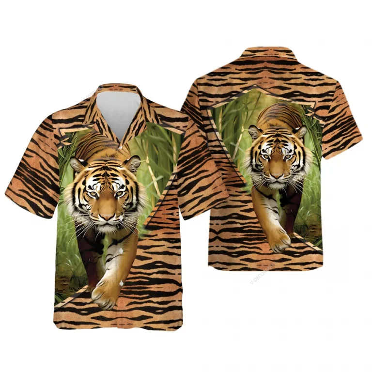 3d Printed Tiger Hawaiian Shirt For Men Women, Tiger Walking Summer Beach Shirts, Tiger Pattern Aloha Shirts, Mens Button Down Short Sleeve Shirts