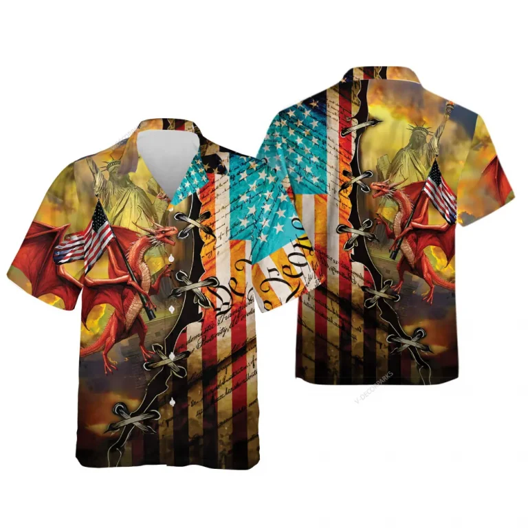 American Flag Dragon Hawaiian Shirt For Men,4th Of July Summer Shirt,independence Day Beach Shirt,patriotic Mens Casual Button Down Shirt Short Sleeve