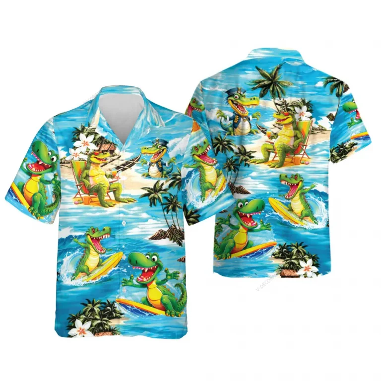 Funny Crocodile Surfing Hawaiian Shirt For Men Women, Aloha Tropical Crocodile Summer Beach Shirt, Aloha Summer Shirt, Button Down Shirt Short Sleeve