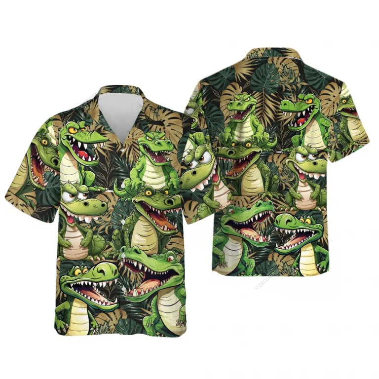 Funny Crocodile Hawaiian Shirt For Men Women, Reptile Animal Printed Casual Short Sleeve Shirt, Tropical Leaves Summer Shirt, Aloha Button Down Shirt