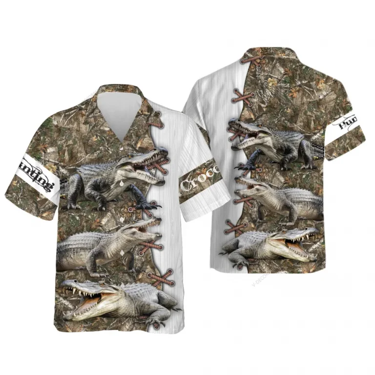 Crocodile Hunting Tropical Brown Pattern Hawaiian Shirt For Men Women, Wild Animals Summer Shirts, Crocodile Hunting Button Down Short Sleeve Shirts