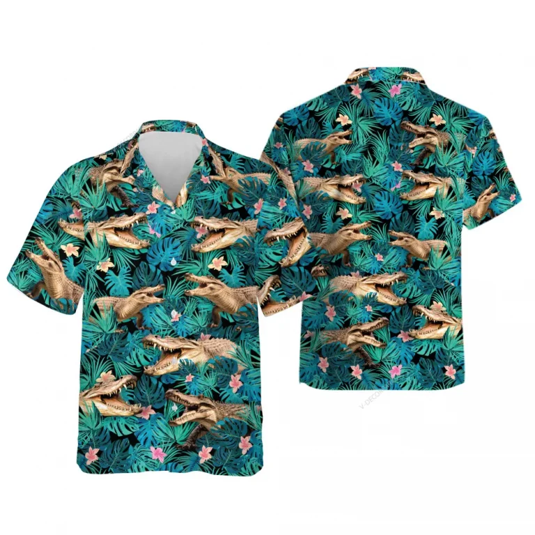 Tropical Crocodile Hawaiian Shirt For Men, Tropical Leaves Pattern Summer Shirt, Crocodile Aloha Beach Shirt, Casual Button Down Shirt Short Sleeve