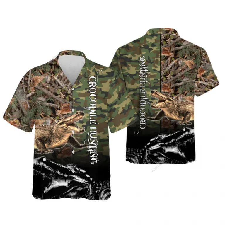 Crocodile Hunting Tropical Camo Pattern Hawaiian Shirt For Men Women, Wild Animals Summer Shirts, Crocodile Hunting Button Down Short Sleeve Shirts