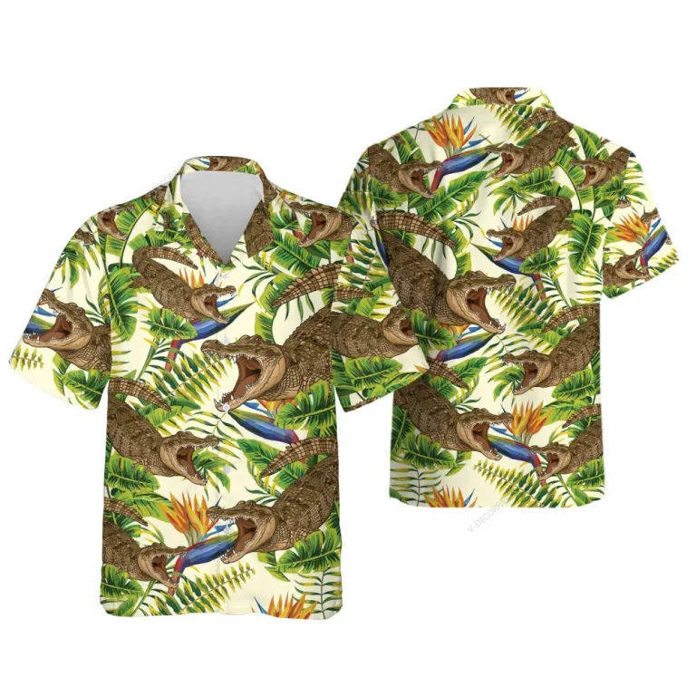 Crocodiles Hawaiian Shirt For Men Women, Tropical Banana Palm Pattern Summer Shirt, Crocodile Aloha Beach Shirt, Casual Button Down Shirt Short Sleeve