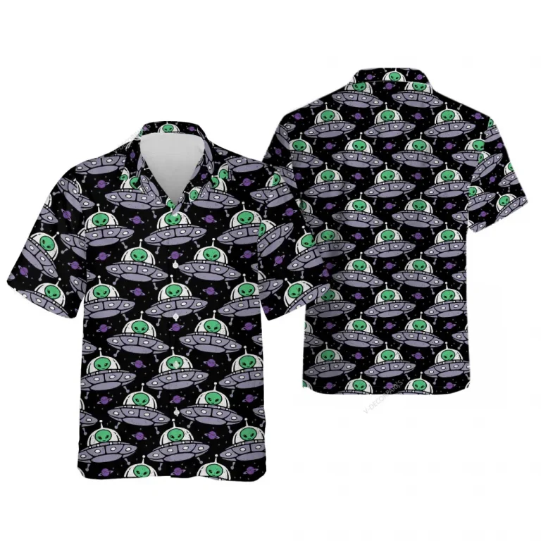 Space Alien Hawaiian Shirt For Men Women, Space Ship Pattern Summer Shirt, Alien Ufo Button Down Short Sleeves, Mens Casual Summer Beach Shirts