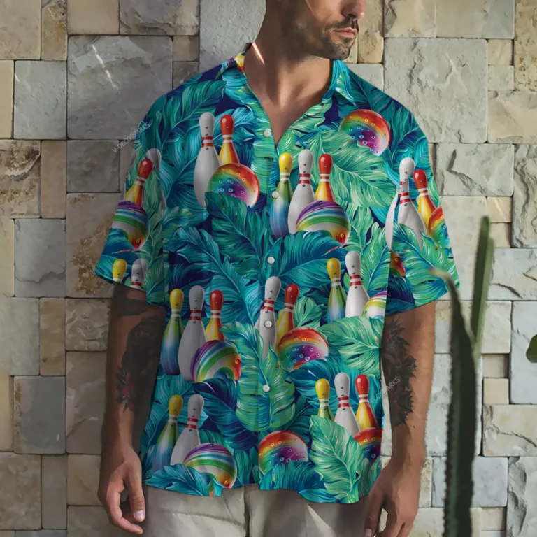 Colorful Bowling Team Hawaiian Shirt For Men Women, Tropical Leaves Summer Beach Shirt, Aloha Shirts, Bowling Lovers Button Down Shirt Short Sleeve