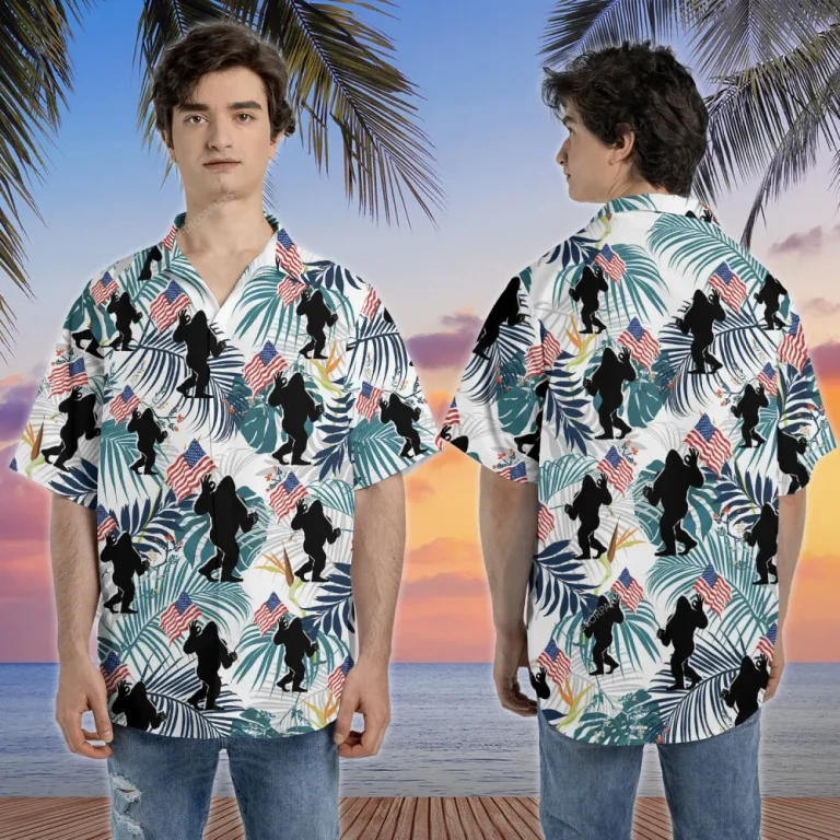 Sasquatch Hawaiian Shirts, Funny Patriotic Bigfoot Tropical Forest Summer Beach Shirts, 4th Of July Aloha Shirts, Mens Button Down Short Sleeve Shirt