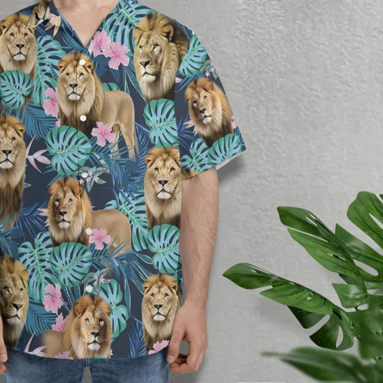 Lions Hawaiian Shirt For Men Women, Tropical Leaves Summer Beach Shirts, Hibiscus Aloha Shirts, Mens Button Down Short Sleeve Shirts, Lion Lovers Gift