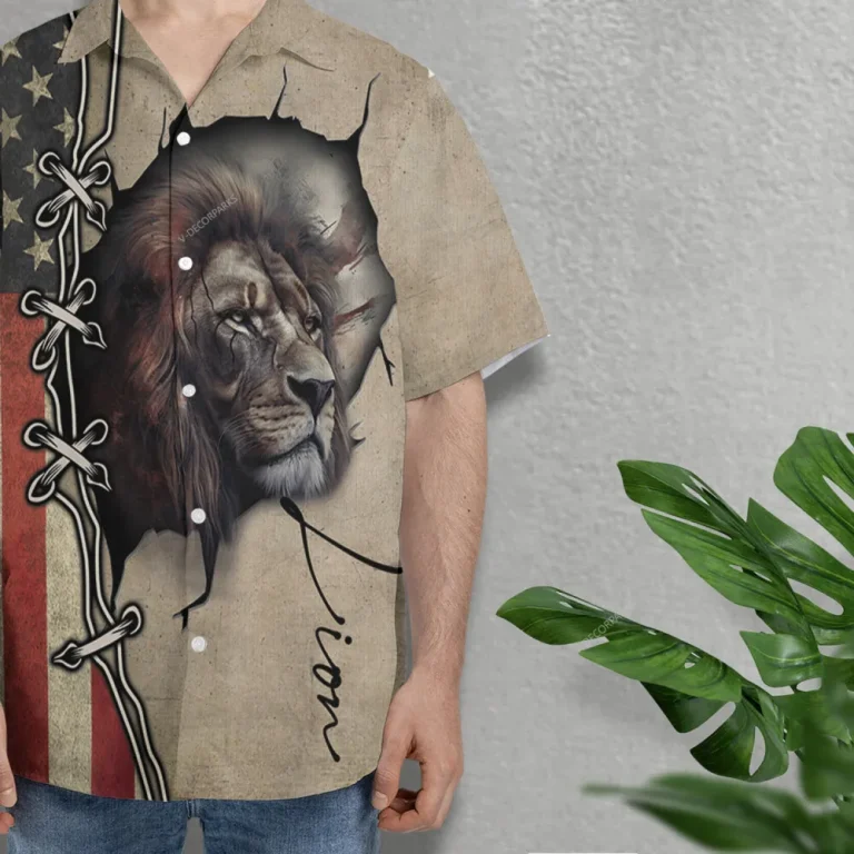 3d Printed Lions Hawaiian Shirt For Men Women, America Flag Lion Summer Beach Shirts, Patriotic Hawaiian Shirt, Mens Button Down Short Sleeve Shirts