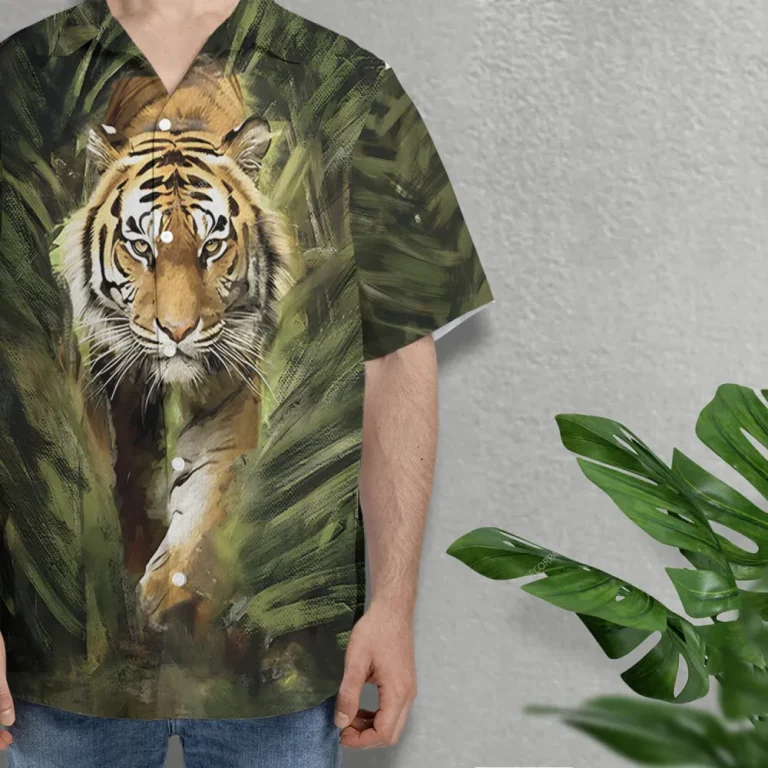 Camouflage Tiger Hawaiian Shirt For Men Women, Tiger Walking Summer Beach Shirts, Aloha Shirts, Tiger Lovers Mens Button Down Short Sleeve Shirts
