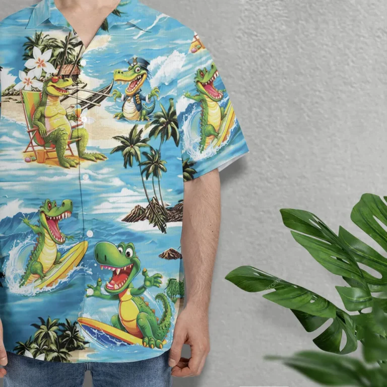 Funny Crocodile Surfing Hawaiian Shirt For Men Women, Aloha Tropical Crocodile Summer Beach Shirt, Aloha Summer Shirt, Button Down Shirt Short Sleeve