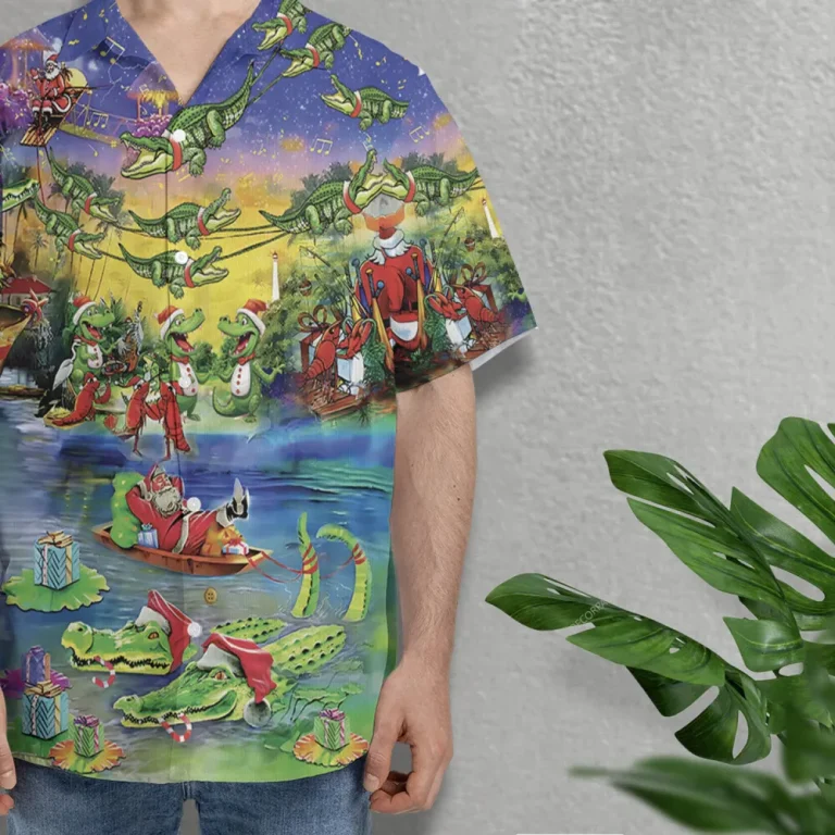 Santa Crocodile Hawaiian Shirt For Men Women, Funny Crocodile Christmas Summer Shirt, Holiday Beach Shirt, Mens Casual Button Down Shirt Short Sleeve