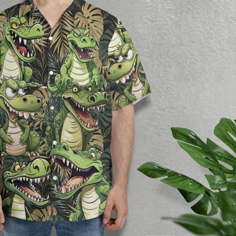 Funny Crocodile Hawaiian Shirt For Men Women, Reptile Animal Printed Casual Short Sleeve Shirt, Tropical Leaves Summer Shirt, Aloha Button Down Shirt